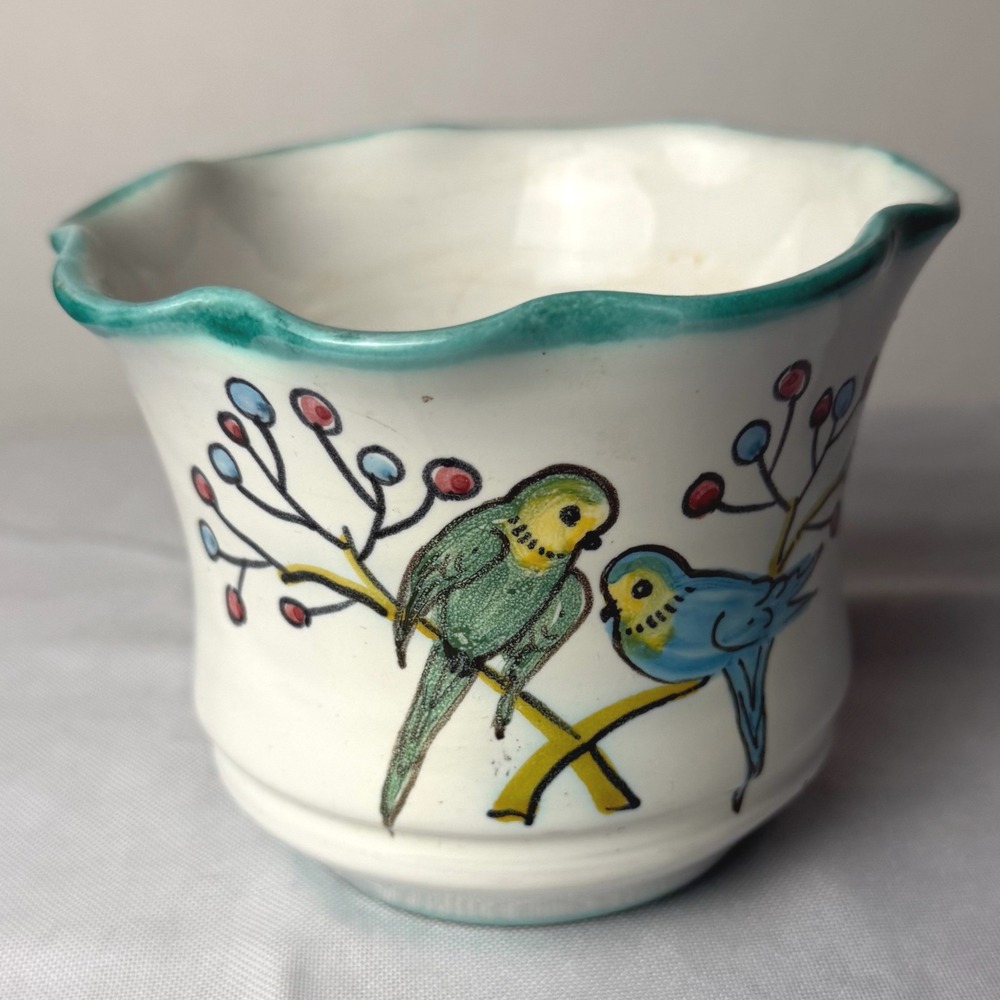 VTG Legro Ceramic Cachepot Planter Handpainted Parakeet Italy Teal Scalloped Rim